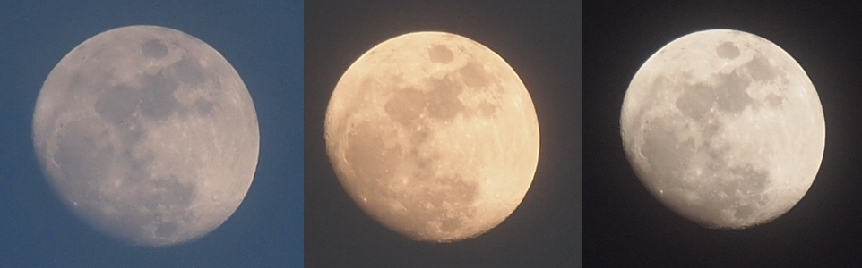 [Three images of the moon side by side. The left-most is a greyish-white against a blue background. The middle image is a gold-white against a navy sky. The right-most image is bright white with grey splotches (moon craters) against a deep navy blue sky.]